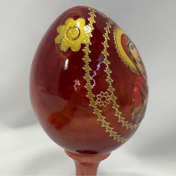 Russian Orthodox Religious Icon Red Gold Tone Decorative Egg Madonna and Child - Picture 3 of 16